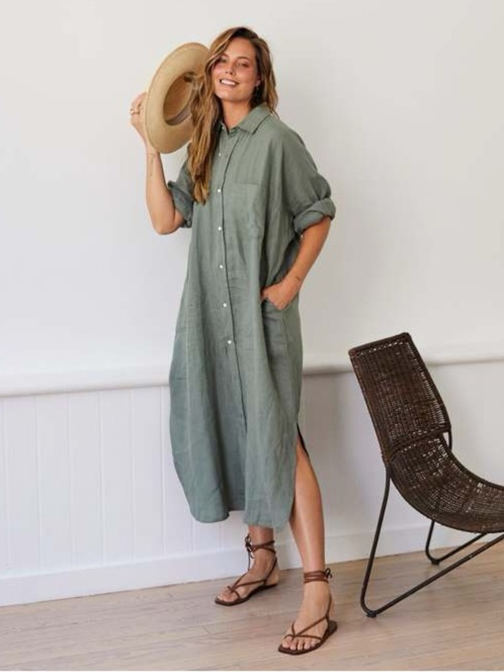 Mamene Florence Linen Shirt Dress Aloe Gray Green XS S Oversized Button Up